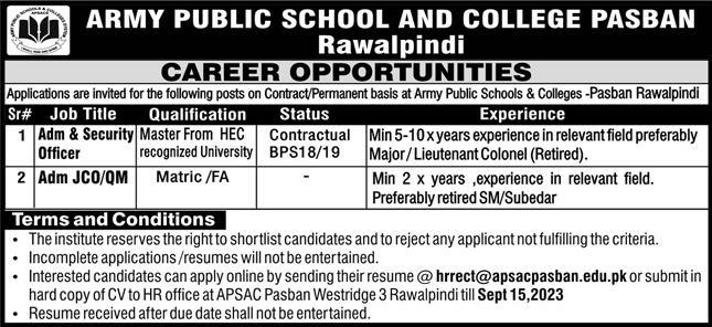 Army Public School Pasban Rawalpindi Jobs 2023