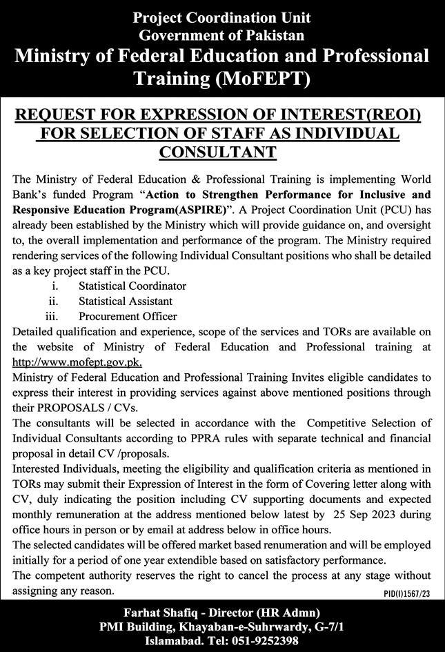 Ministry Of Federal Education & Professional Training Jobs 2023