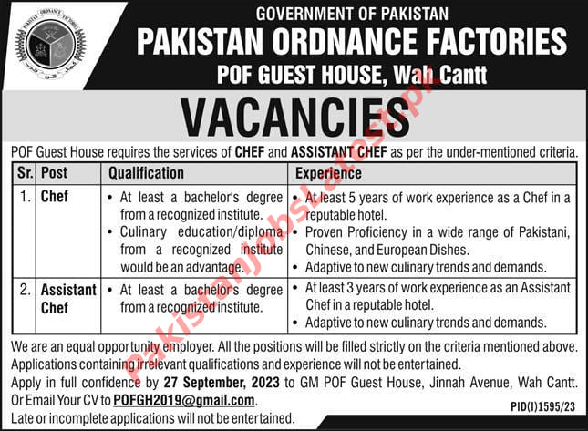 POF Guest House Wah Cantt Jobs September 2023 for Chef and Assistant Chef