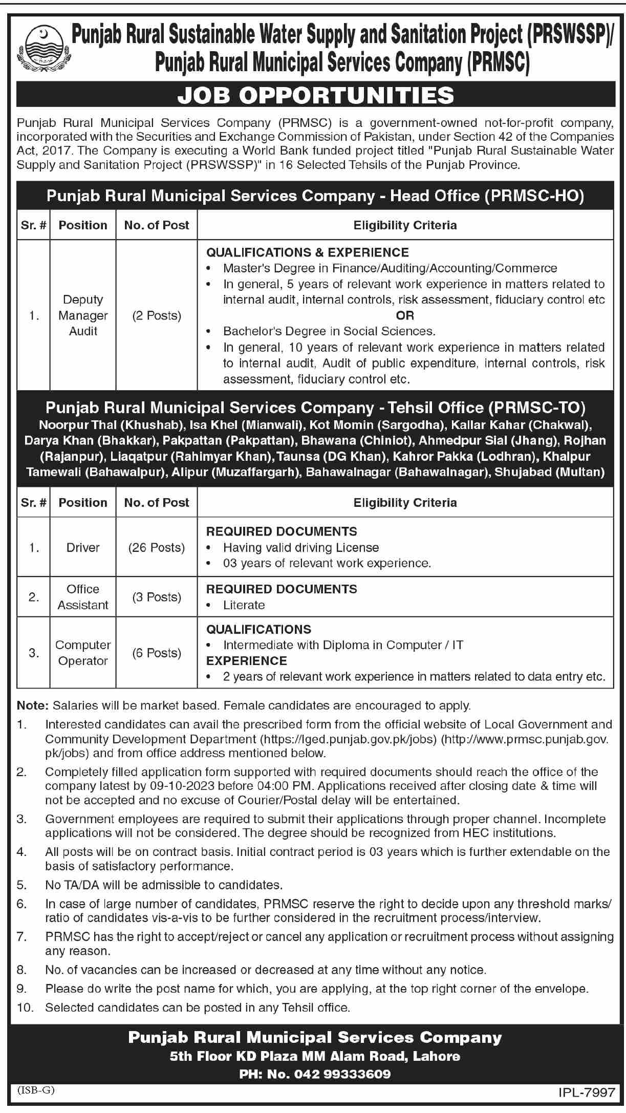 Vacancies at Punjab Rural Municipal Services Company PRMSC September 2023