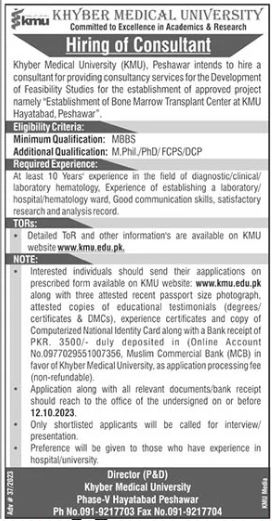 Vacant Position of Consultant At Khyber Medical University Peshawar 2023