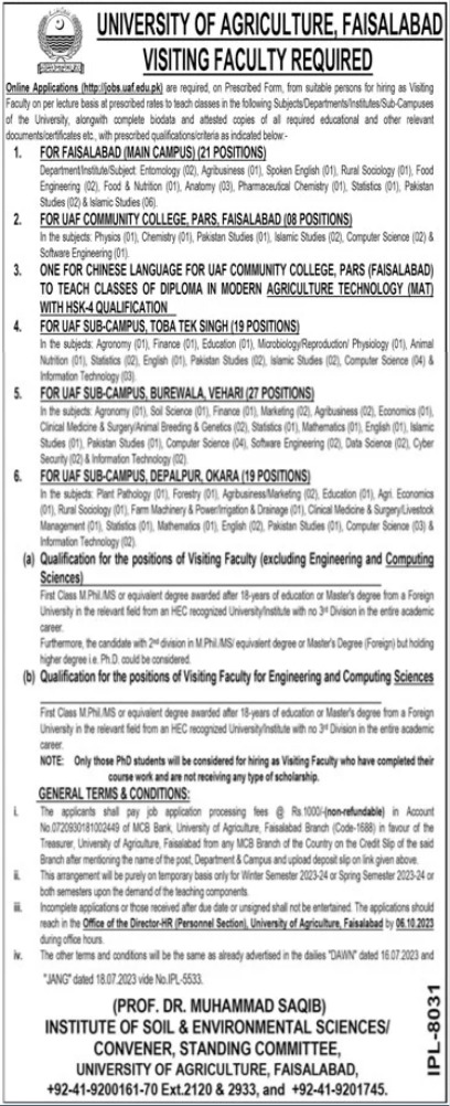 Visiting Faculty Jobs at University Of Agriculture Faisalabad 2023