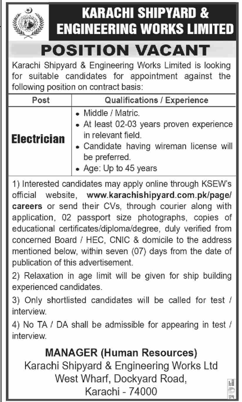 Electrician Job At Karachi Shipyard And Engineering Works October 2023