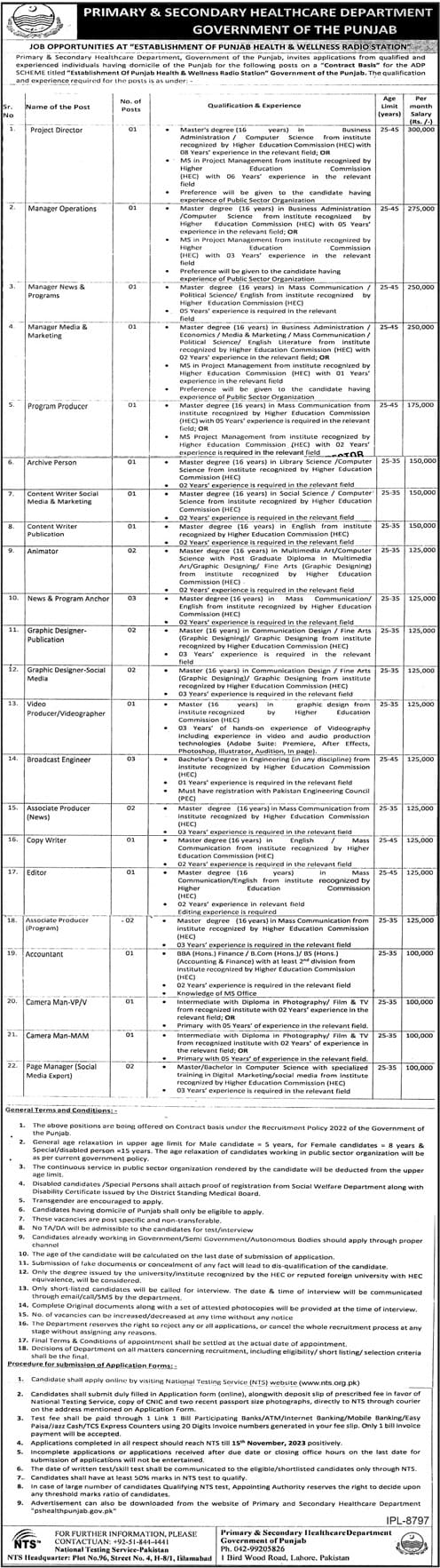 Job opportunities at Establishment of Punjab Health & Wellness Radio Station October 2023