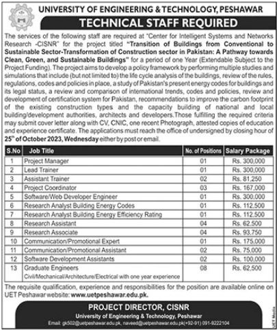 Jobs in University of Engineering and Technology UET Peshawar October 2023