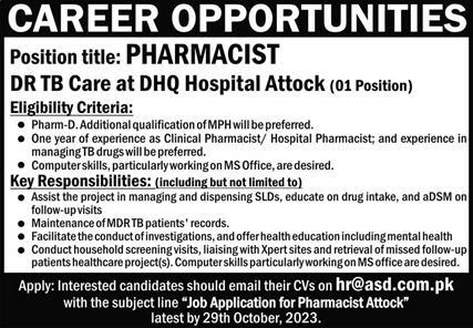 Pharmacist Jobs In DHQ Hospital Attock October 2023