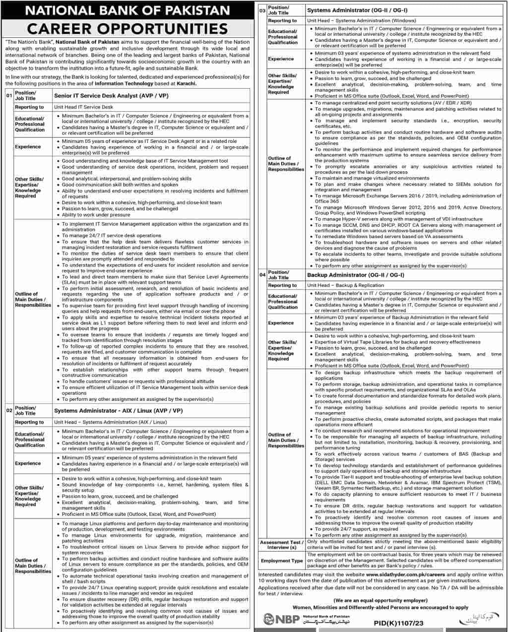 Vacancies at National Bank of Pakistan NBP October 2023