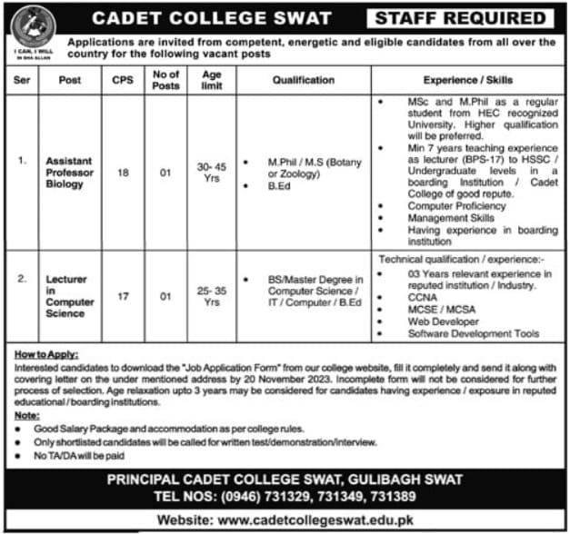New Teaching Jobs At Cadet College Swat November 2023